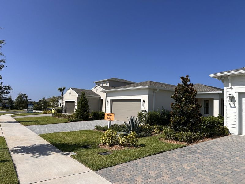Beautiful beige homes with manicured lawns in Cresswind at Lake Harris by Kolter Homes, Tavares, FL.