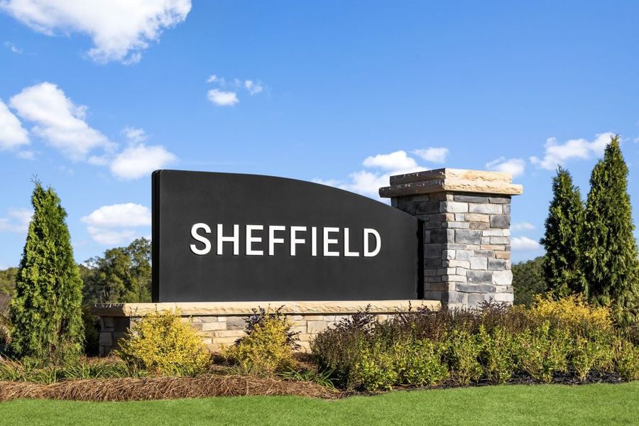 Entrance to the Sheffield community in Indian Trail, NC, featuring signage and landscaping (Image 2).