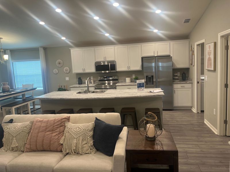 Modern kitchen with sleek cabinetry, stainless appliances, and a cozy living space featuring stylish accents and ample lighting.