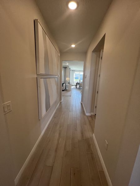 A sleek hallway with wood flooring, modern lighting, and abstract wall art, leading to a bright living space.