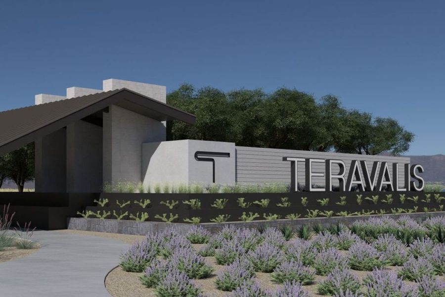 Entrance to the Mesquite at Teravalis community in Buckeye, AZ, featuring signage and landscaping (Image 1).