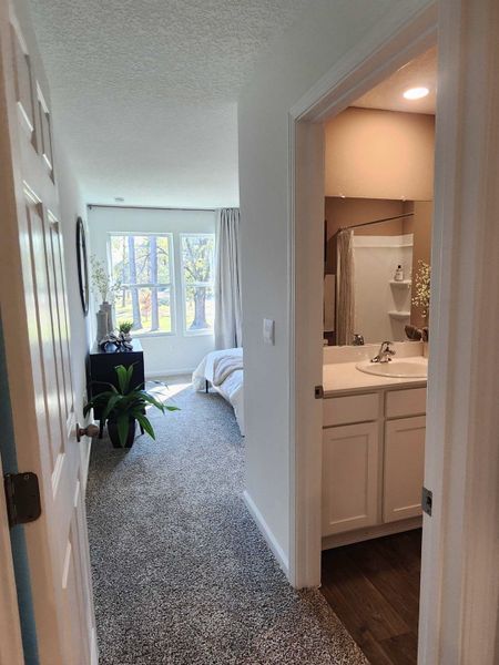 A cozy bedroom with plush carpet, large windows, and a sleek bathroom entrance.