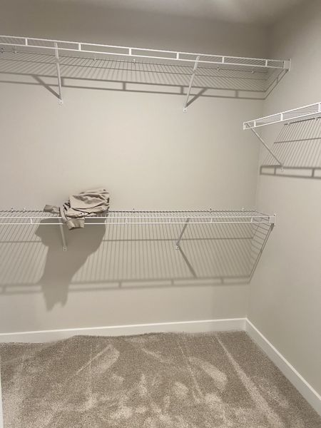A spacious walk-in closet with plush carpet and organized wire shelving, perfect for storage efficiency.