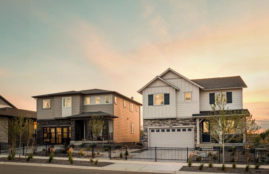 Exterior view of new single-family homes at Harvest Crossing by Pulte Homes in Aurora, CO.
