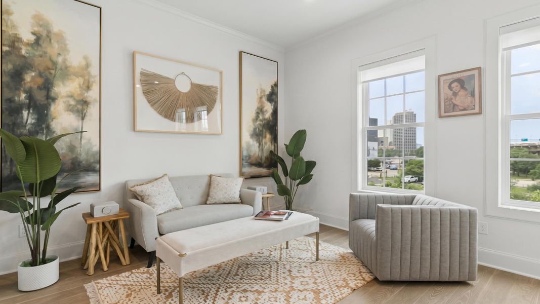 Furnished interior in a model home at The Brownstones at East Quarter in Dallas (Image 13). Furnished interior in a model home at The Brownstones at East Quarter in Dallas (Image 13).