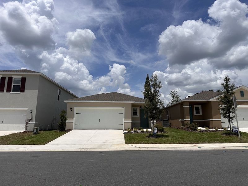 A charming modern home with a neat lawn under a wide sky in Cascades by D.R. Horton (Davenport, FL).
