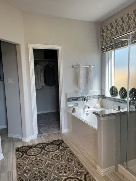 A cozy bathroom featuring a sleek bathtub, patterned rug, and spacious closet entrance. A cozy bathroom featuring a sleek bathtub, patterned rug, and spacious closet entrance.