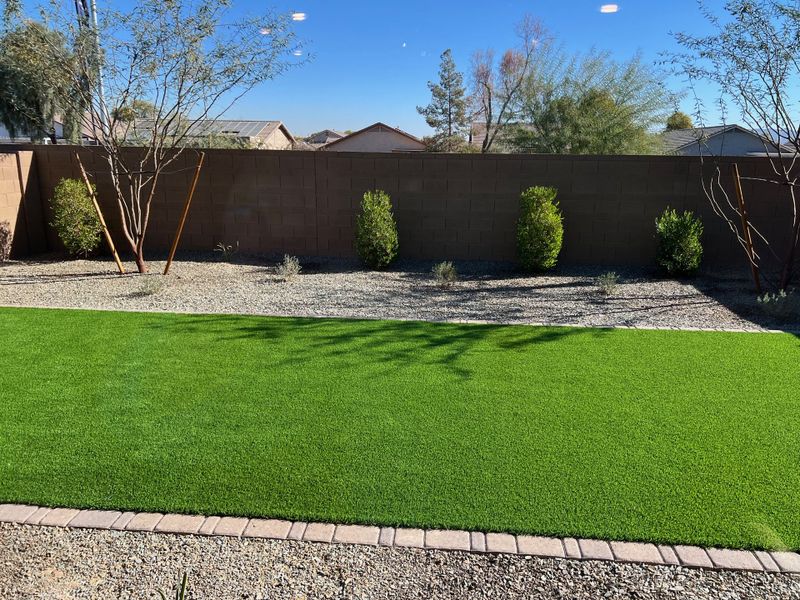 A serene backyard with lush artificial turf and desert landscaping in Laveen Springs by K. Hovnanian® Homes (Phoenix, AZ).