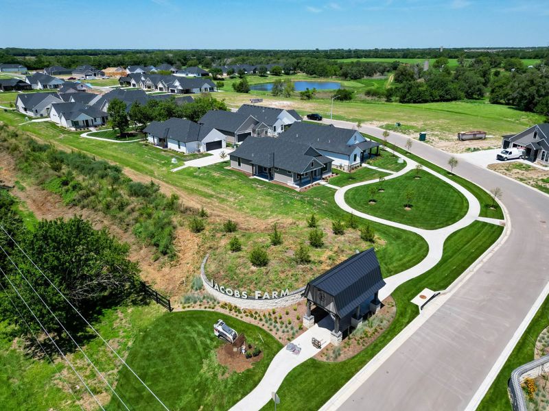 Aerial view of the The Courtyards at Jacobs Farm community in Wichita, KS, showing layout and nearby surroundings (Image 22). Aerial view of the The Courtyards at Jacobs Farm community in Wichita, KS, showing layout and nearby surroundings (Image 22).
