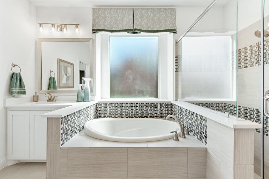 Master bathroom with soaking tub, mosaic tile surround, white vanity, and glass shower enclosure