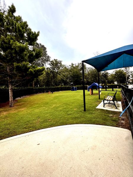 A serene park area with a bench, shaded seating, and lush greenery in RiverTown - WaterSong by Mattamy Homes (St. Johns, FL). A serene park area with a bench, shaded seating, and lush greenery in RiverTown - WaterSong by Mattamy Homes (St. Johns, FL).