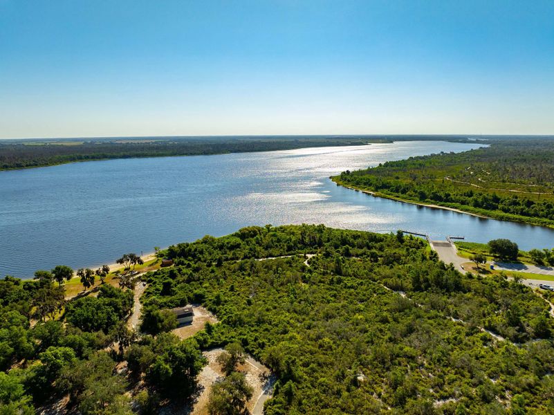 Aerial view of Lake Manatee State Park, extending 3 miles along beautiful Lake Manatee.