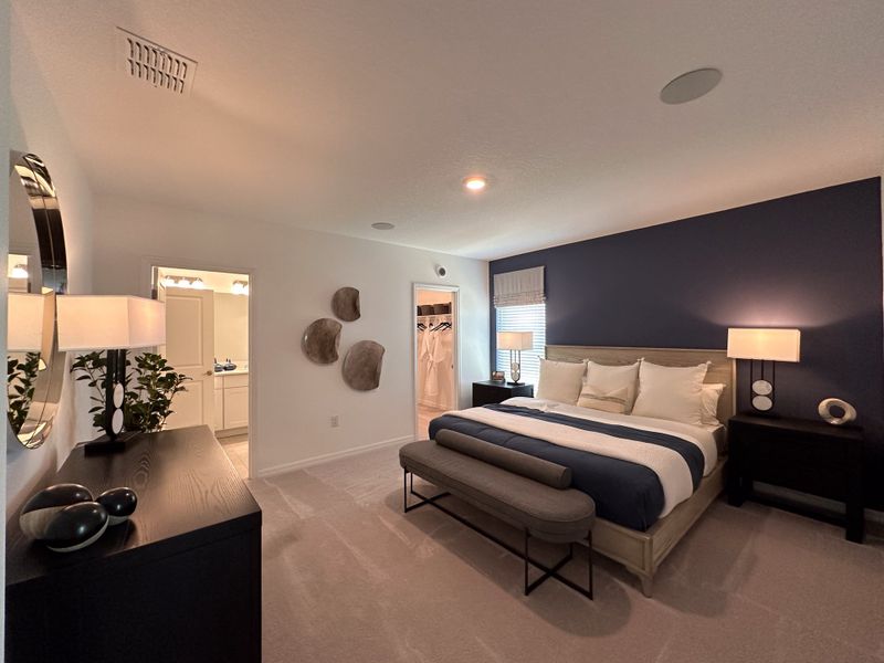 A cozy bedroom with a navy accent wall, plush bedding, sleek furniture, and modern decor.