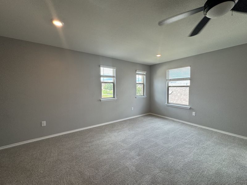 A spacious, light-filled room with neutral walls, plush carpeting, and ceiling fan for modern comfort.