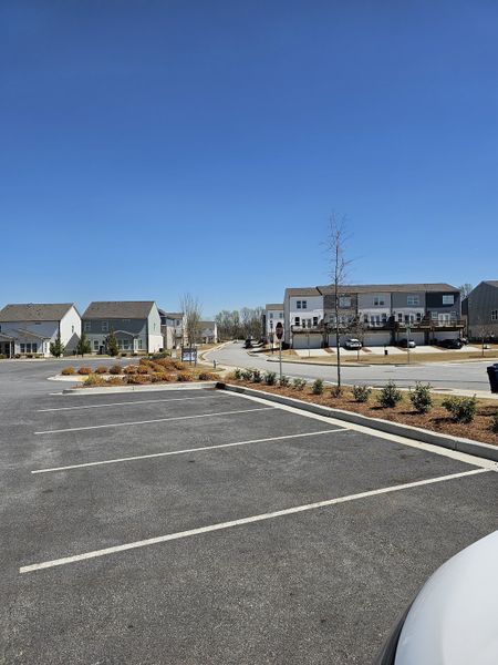 Charming community street view with landscaped areas in The Beacon at Old Peachtree by Stanley Martin Homes (Lawrenceville, GA).