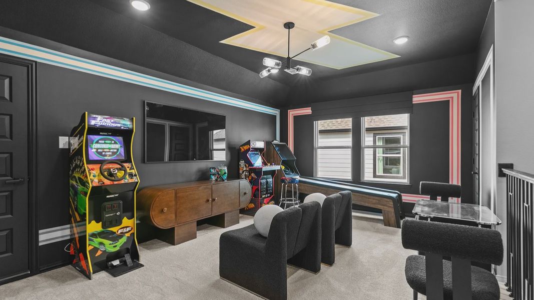 Experience luxury in River Ranch with plush seating, arcade classics, and a striking geometric ceiling design. Experience luxury in River Ranch with plush seating, arcade classics, and a striking geometric ceiling design.