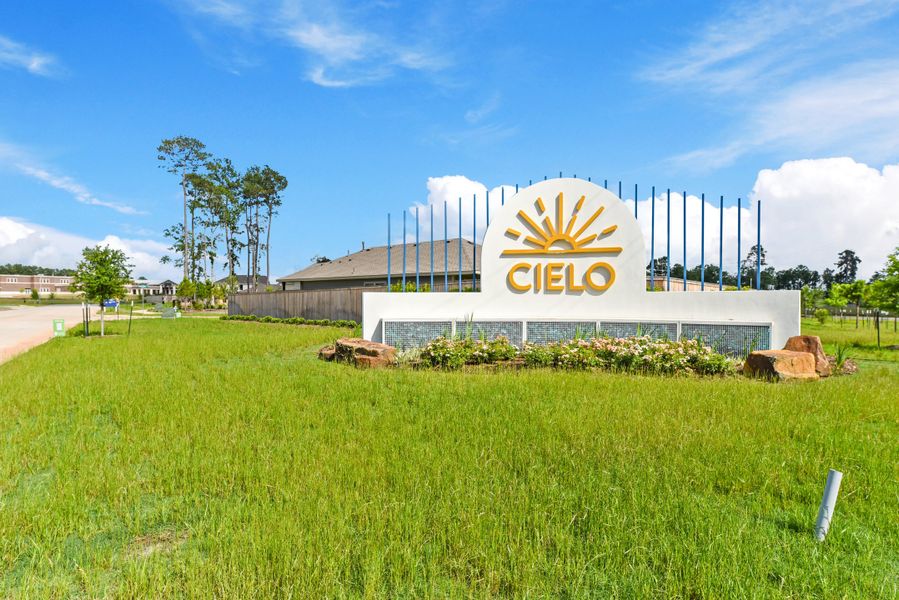 Entrance to the Cielo community in Conroe, TX, featuring signage and landscaping (Image 2). Entrance to the Cielo community in Conroe, TX, featuring signage and landscaping (Image 2).