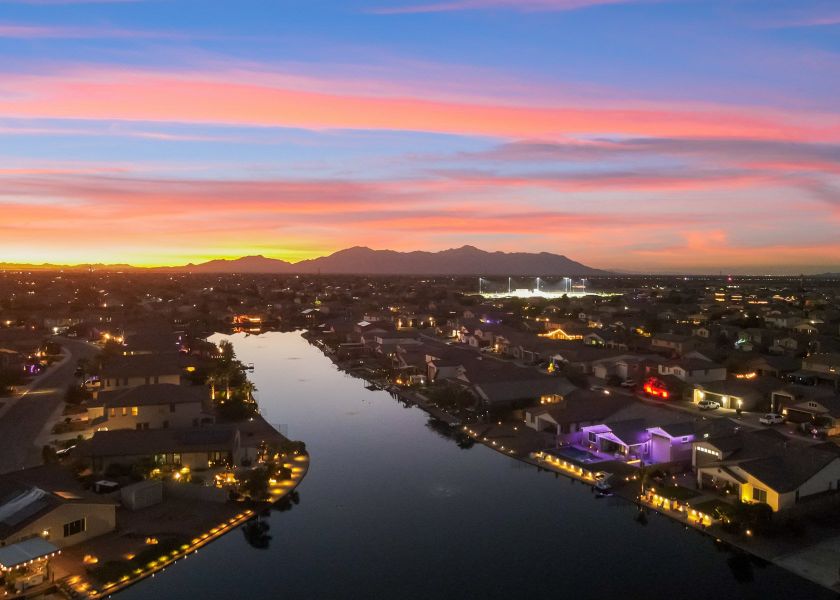 A city with lights at night.