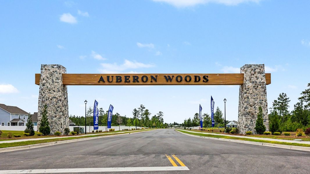 Entrance to the Auberon Woods community in Conway, SC, featuring signage and landscaping (Image 2).