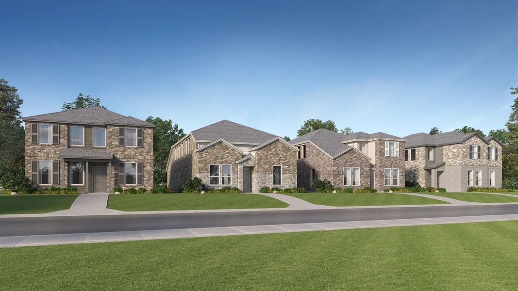 Meadowlark Preserve streetscape of multi level neighborhood homes with brick exterior
