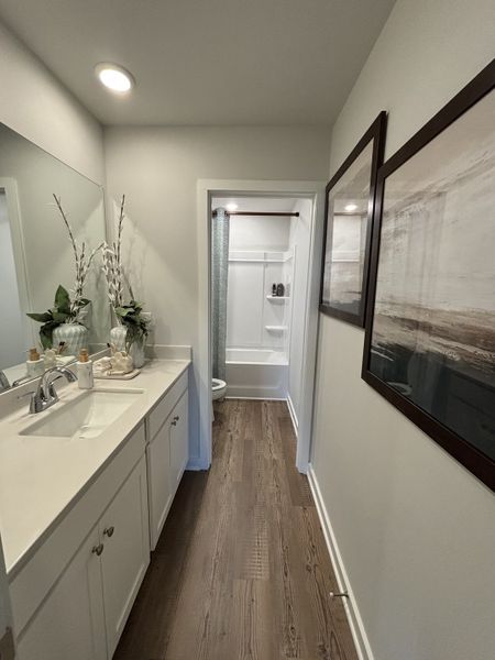 A sleek bathroom featuring a bright vanity, wood flooring, and stylish décor.