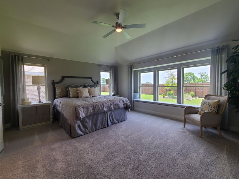 Spacious bedroom with plush carpeting, calming gray tones, and large windows overlooking a lush backyard.