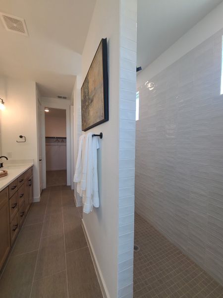 A sleek bathroom with a walk-in shower, large vanity, and earthy tones, featuring modern lighting and elegant wall art.