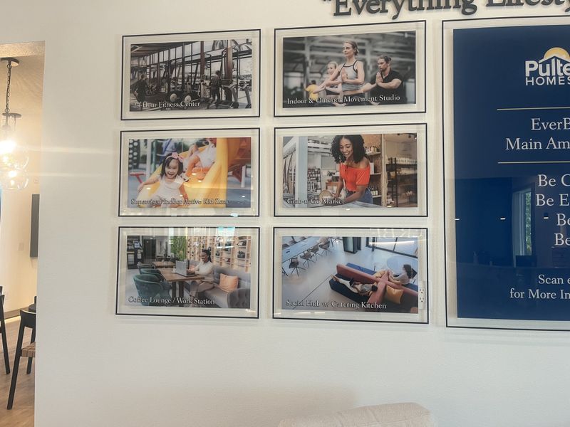 A wall display showcasing various amenities including a fitness center, kid zone, market, and lounge/workstation. A wall display showcasing various amenities including a fitness center, kid zone, market, and lounge/workstation.