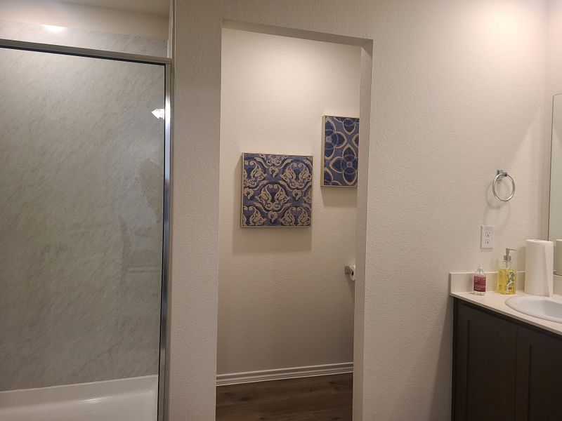 A modern bathroom featuring a sleek glass shower, elegant art, and a dark vanity with contemporary finishes. A modern bathroom featuring a sleek glass shower, elegant art, and a dark vanity with contemporary finishes.