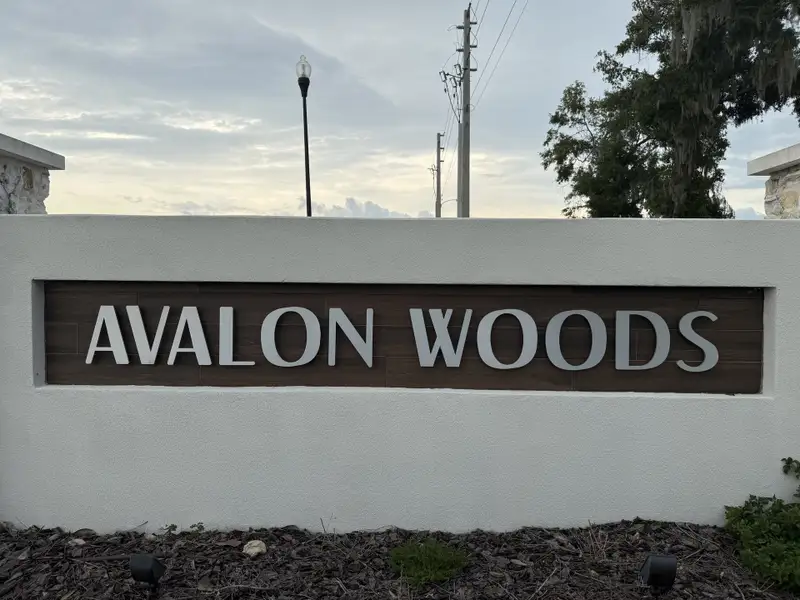 Community entrance sign amidst trees in Avalon Woods by D.R. Horton (Newberry, FL).