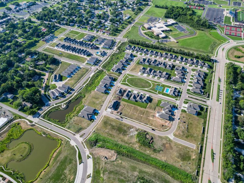 Aerial view of the The Courtyards at The Heritage community in Andover, KS, showing layout and nearby surroundings (Image 14). Aerial view of the The Courtyards at The Heritage community in Andover, KS, showing layout and nearby surroundings (Image 14).