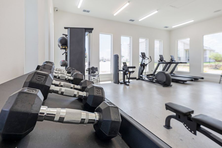 Fitness center with dumbbells in foreground and cardio machines including treadmill and elliptical along windowed wall