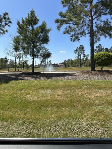 Lush greenery and a serene pond with a fountain in Evergreen by Chesmar Homes (Conroe, TX).