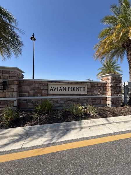 The grand entrance to Avian Pointe Townhomes, featuring a stone-accented sign and lush landscaping by D.R. Horton (Apopka, FL).