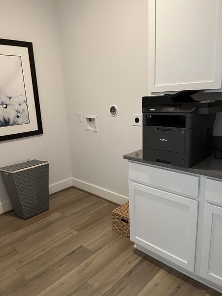 A sleek laundry room with wood flooring, modern cabinetry, and a framed art piece, offering functional style.