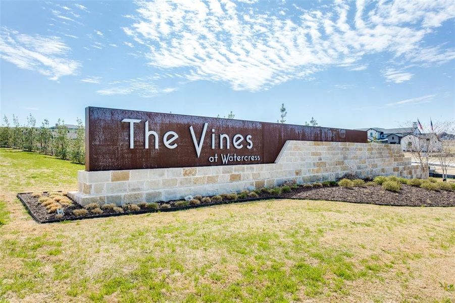 Entrance to the The Vines community in Haslet, TX, featuring signage and landscaping (Image 1).