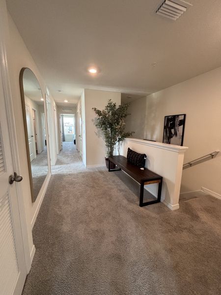 A bright upstairs landing with plush carpeting, a modern bench, and decorative accents in Avian Pointe Townhomes by D.R. Horton (Apopka, FL).