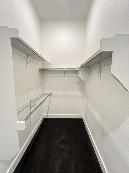 A spacious walk-in closet with sleek shelving and carpeted flooring, perfect for organized storage. A spacious walk-in closet with sleek shelving and carpeted flooring, perfect for organized storage.