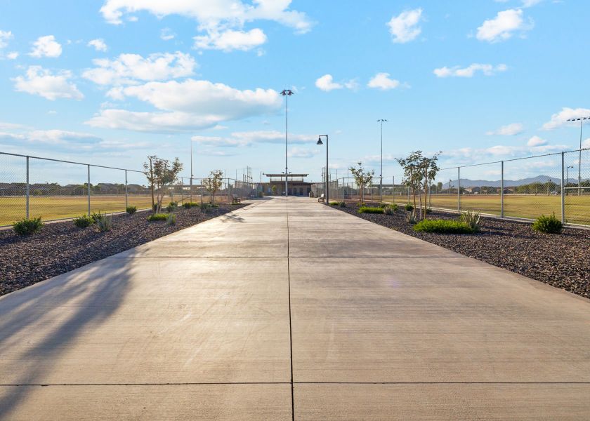 A wooden walkway with a fence and trees on the side.