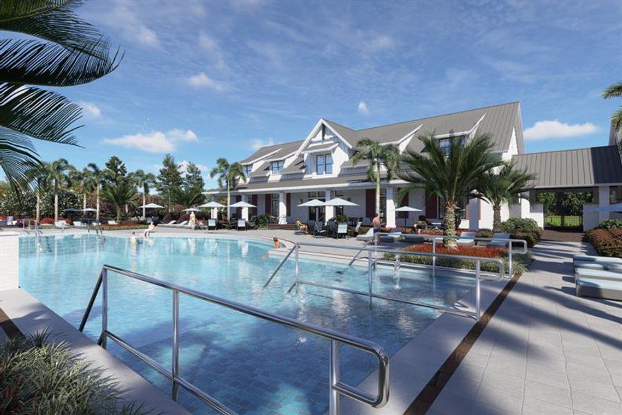 POOLSIDE RELAXATION WITH LOUNGE CHAIRS, UMBRELLAS AND LUSH LANDSCAPING