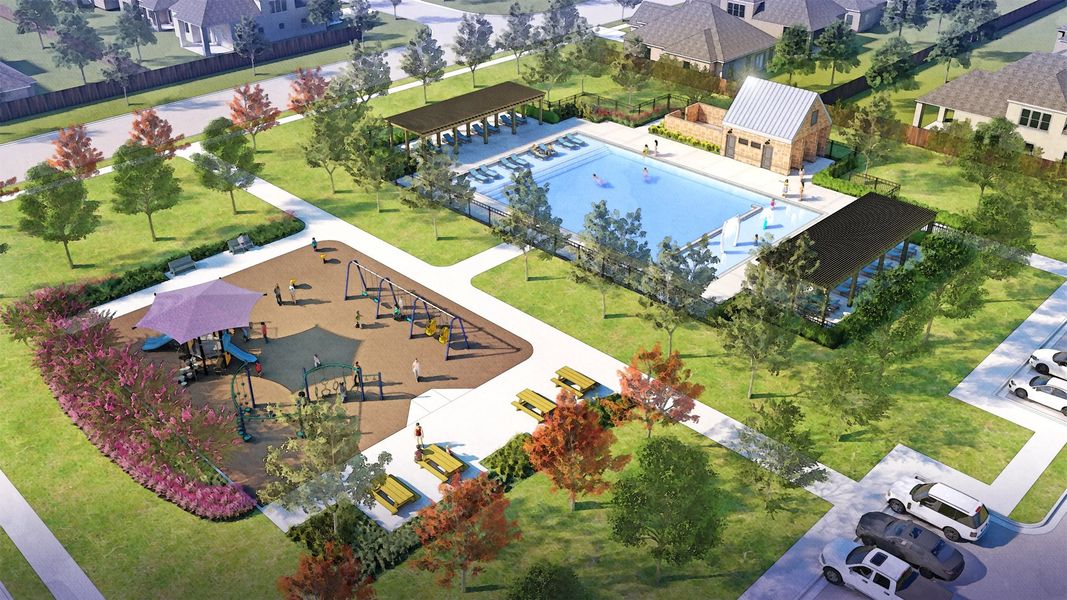 Aerial of swimming pool rendering and playground Aerial of swimming pool rendering and playground