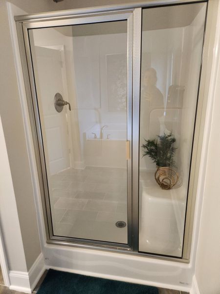 A modern bathroom with a sleek glass shower, decorative plant, and stylish fixtures.
