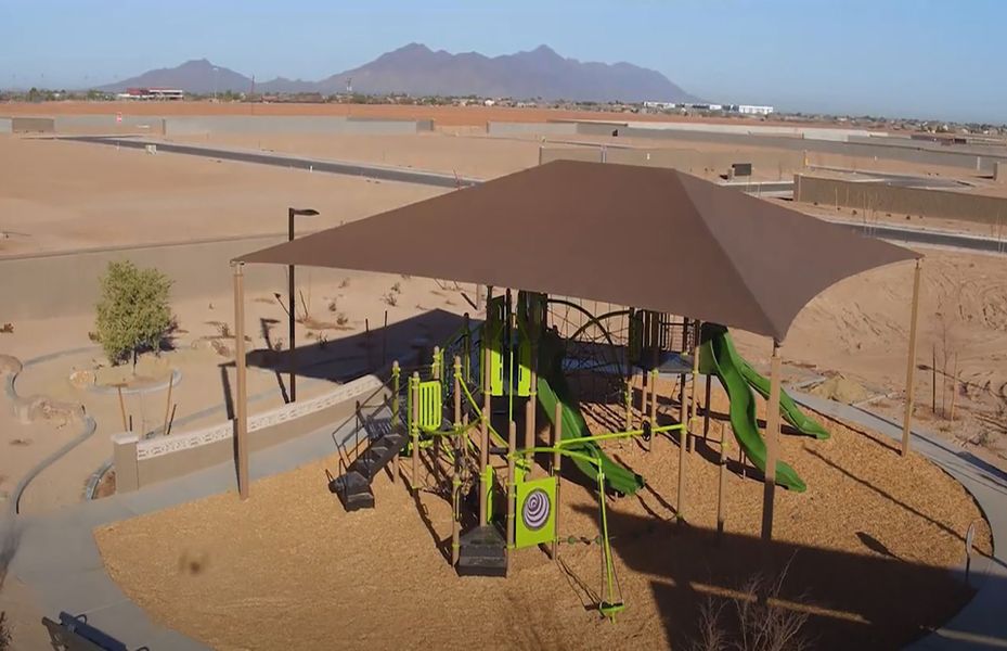 Shaded playground amenity new home construction at El Rancho Santa Rosa in Maricopa, AZ, by Pulte
