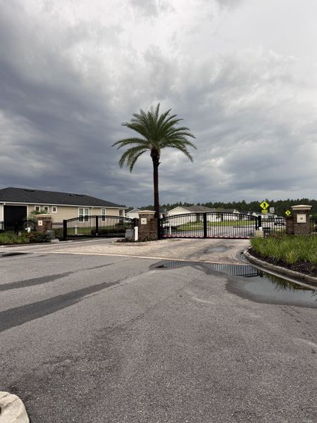Gated entrance with palm tree and landscaped grounds in Summer Bay at Grand Oaks by Pulte Homes (St. Augustine, FL). Gated entrance with palm tree and landscaped grounds in Summer Bay at Grand Oaks by Pulte Homes (St. Augustine, FL).