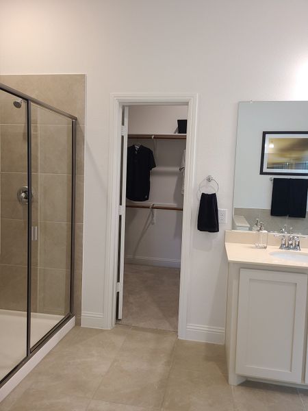 A modern bathroom with a tiled shower, sleek vanity, and walk-in closet access for seamless organization. A modern bathroom with a tiled shower, sleek vanity, and walk-in closet access for seamless organization.