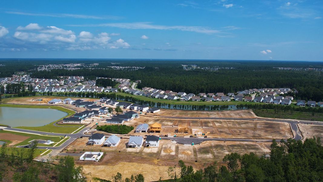 Aerial view of the The Coves at Lakes of Cane Bay community in Summerville, SC, showing layout and nearby surroundings (Image 14). Aerial view of the The Coves at Lakes of Cane Bay community in Summerville, SC, showing layout and nearby surroundings (Image 14).