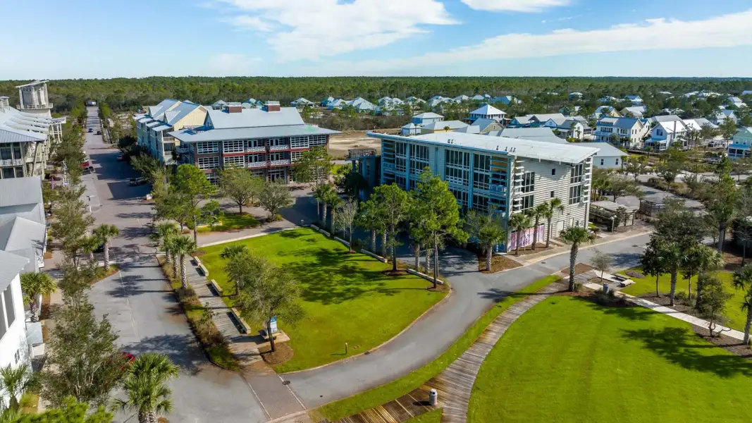 Aerial view of the WindMark Beach Emerald Series community in Port Saint Joe, FL, showing layout and nearby surroundings (Image 1). Aerial view of the WindMark Beach Emerald Series community in Port Saint Joe, FL, showing layout and nearby surroundings (Image 1).