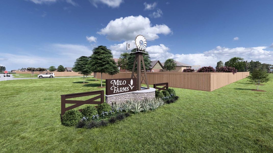 Entrance to the Milo Farms community in Rosenberg, TX, featuring signage and landscaping (Image 10).