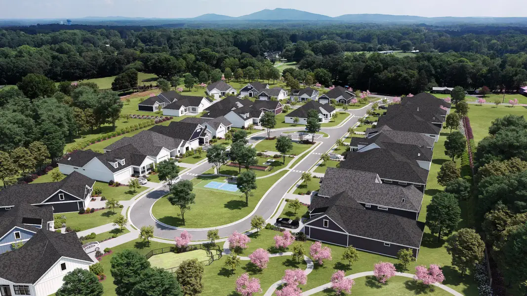 Aerial view of the The Courtyards of Franklin Goldmine community in Cumming, GA, showing layout and nearby surroundings (Image 1). Aerial view of the The Courtyards of Franklin Goldmine community in Cumming, GA, showing layout and nearby surroundings (Image 1).