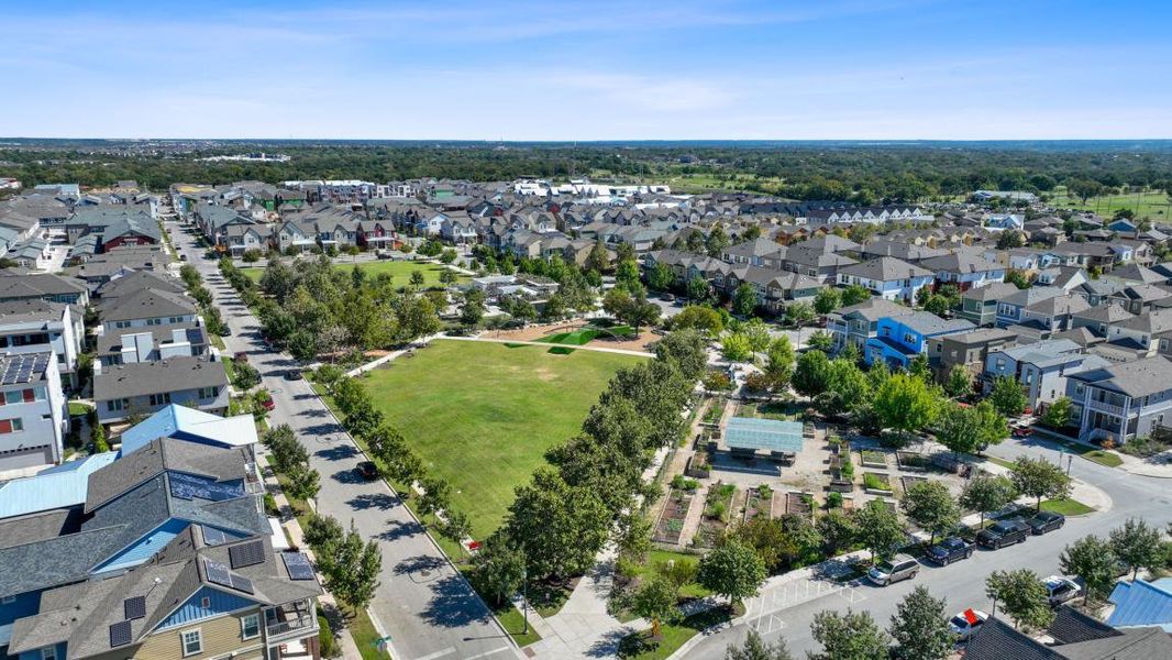 Aerial view of the Concourse at Mueller community in Austin, TX, showing layout and nearby surroundings (Image 3).